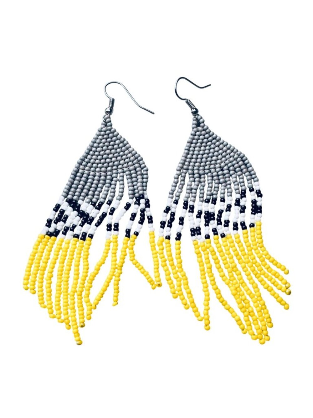 Beaded Fringe Earrings Gray Yellow White Black Beaded Boho Statement Women NWOT